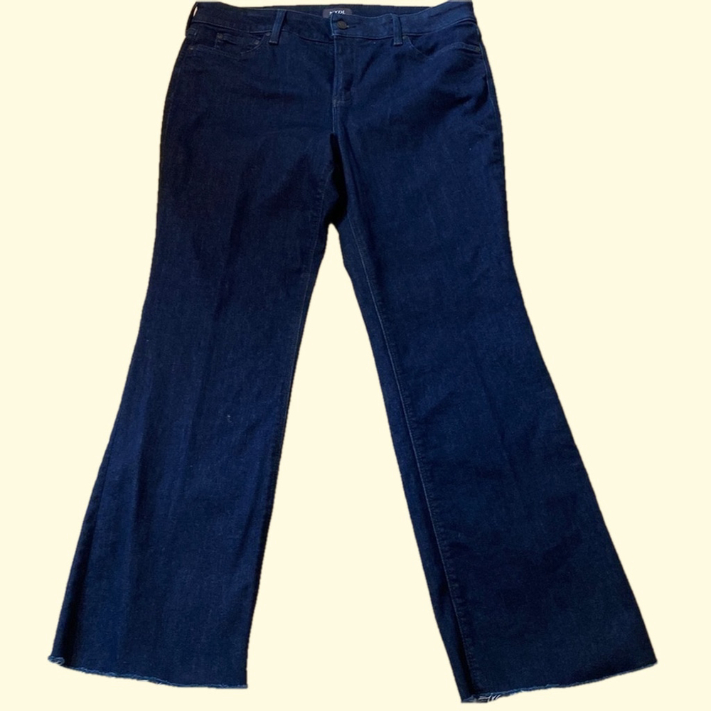 NYDJ Barbara High Rise Bootcut Jeans Dark Wash Raw Hem Lift Tuck Size 16 Short
